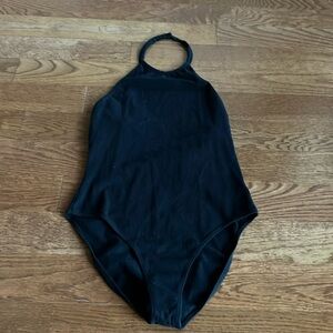 Danskin small black bodysuit with unlined shelf bra and snap on halter neck